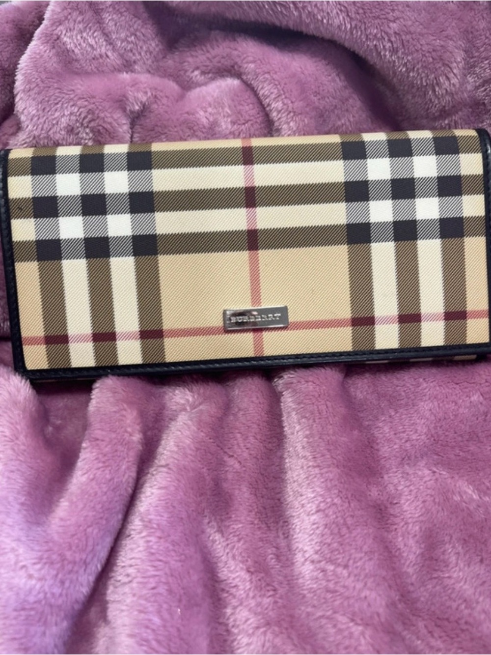 Burberry Beige Plaid Wallet with Black Trim and Red Accents